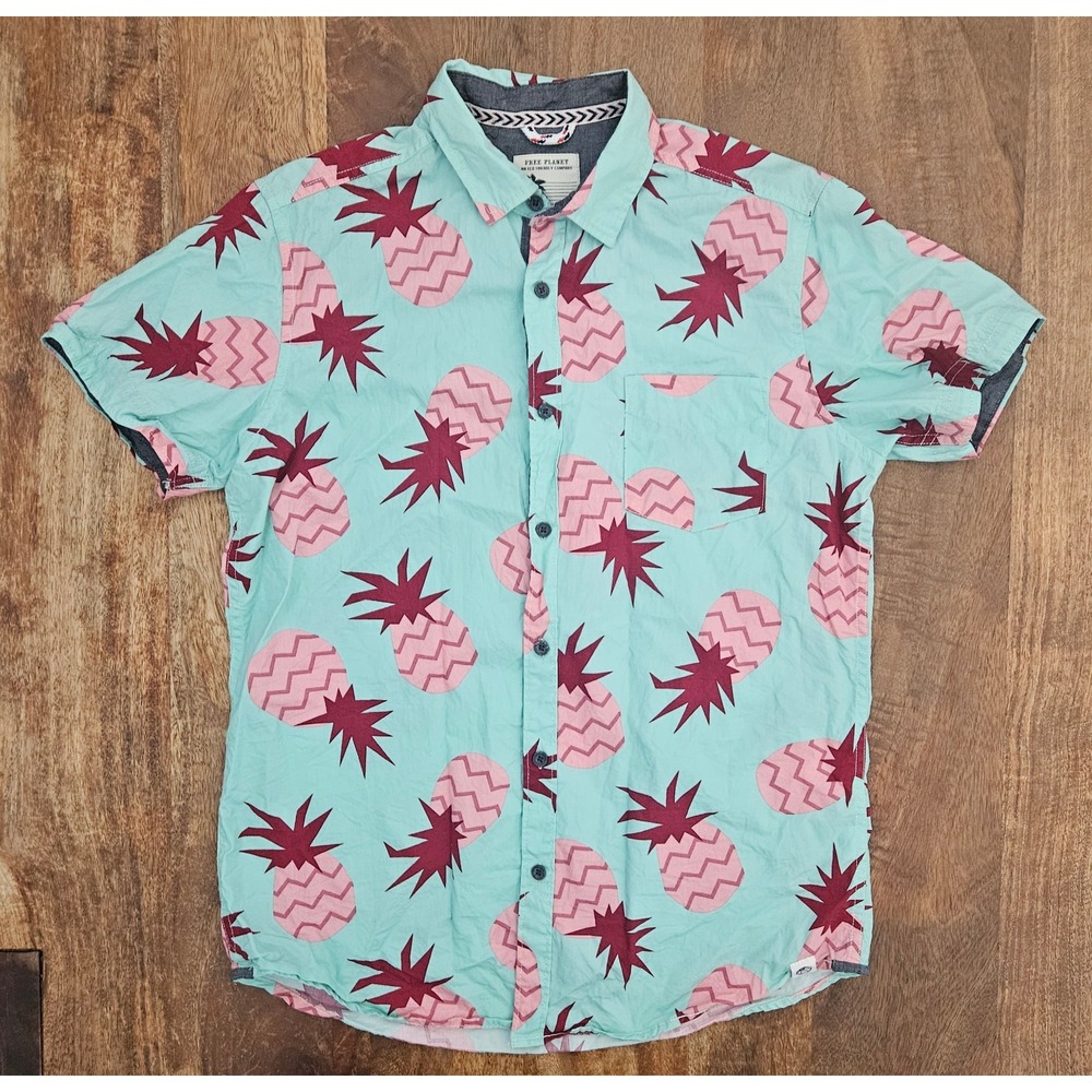 Free Planet Pineapple Print Button Up Shirt Men's M Green Blue 100% Cotton